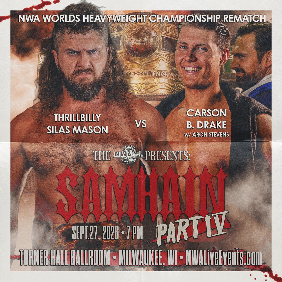 nwa's tweet photo. In the Main Event, the NWA Worlds Heavyweight Title is on the line! No matter which walks out of NWA 78 with the Ten Pounds of Gold, @ThrillbillyTCB Silas Mason again battles @CarsonDrake00 with @TheAronHaddad.

NWA Presents 𝙎𝙖𝙢𝙝𝙖𝙞𝙣: 𝙋𝙖𝙧𝙩 𝙄𝙑  this Sunday, Sept. 27 at Milwaukee’s Turner Hall Ballroom! https://t.co/P2gxaJEyhd