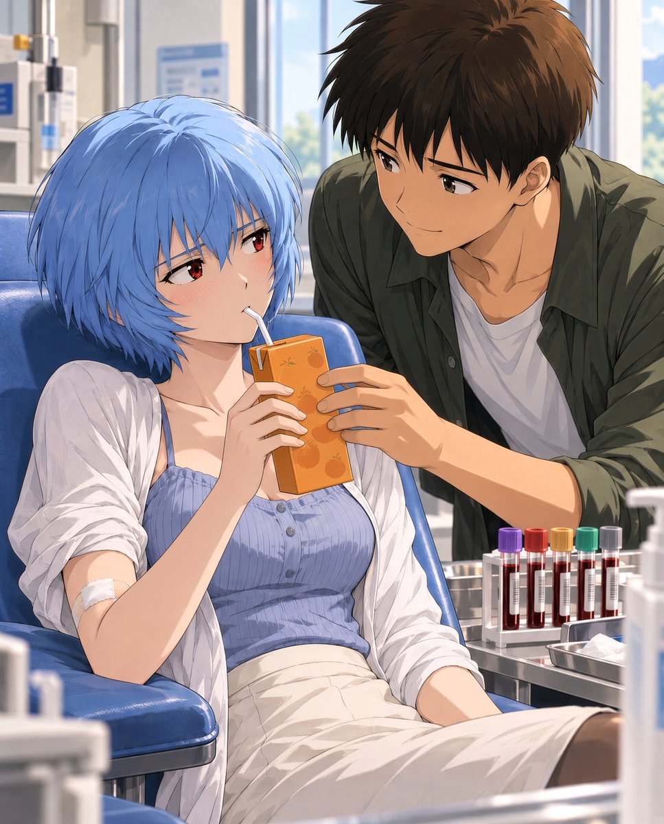 ReiShinTogether's tweet photo. She survived the blood draw. He made sure the recovery plan included juice. https://t.co/minHiI3Ofl