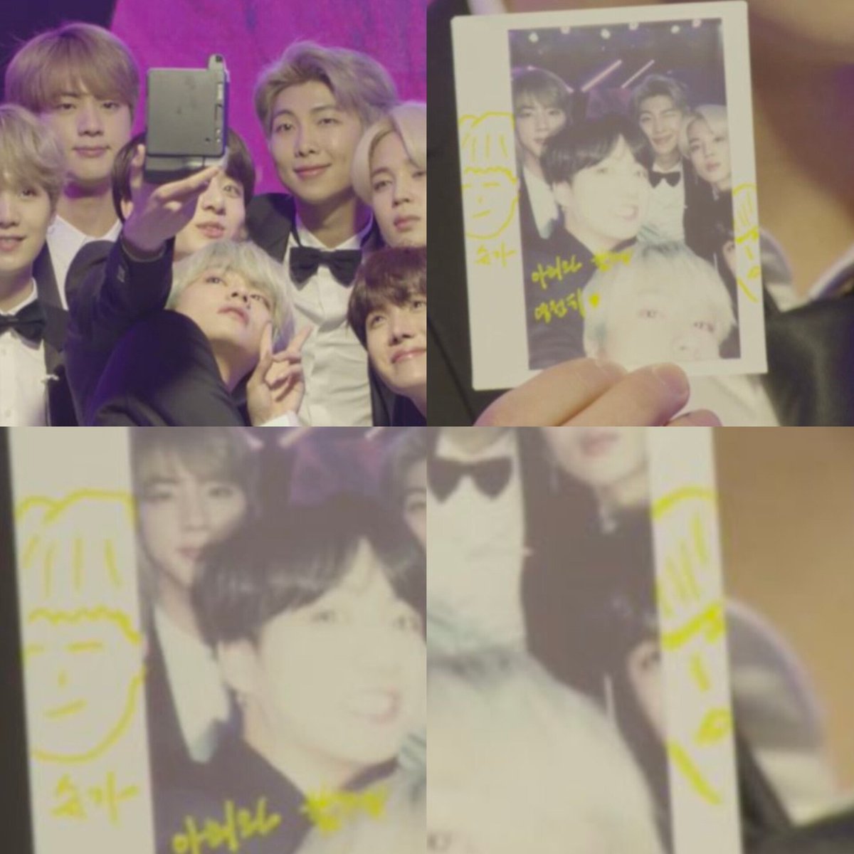 kookyun's tweet photo. When BTS took a group selfie but Yoongi and J-hope didn't show up in the polaroid so Jungkook drew them instead https://t.co/VysBmnnPWS