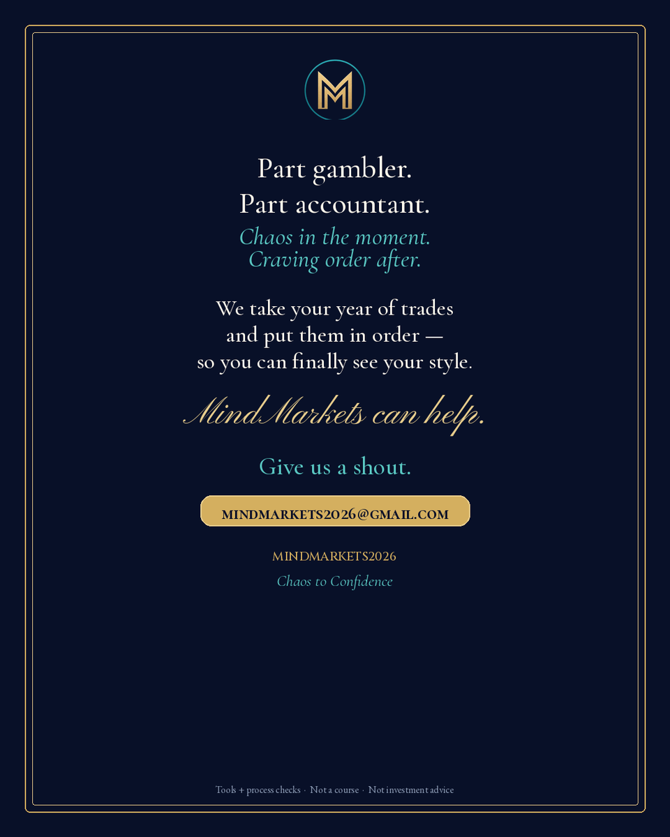 MindMarkets2026's tweet photo. Part gambler. Part accountant.

Chaos in the moment. Order after.
We line up your year of trades so you can see your style.

MindMarkets can help.
mindmarkets2026@gmail.com

MindMarkets2026 · Chaos to Confidence
Not a course · Not investment advice · Not picks https://t.co/BOC1IQpLb0
