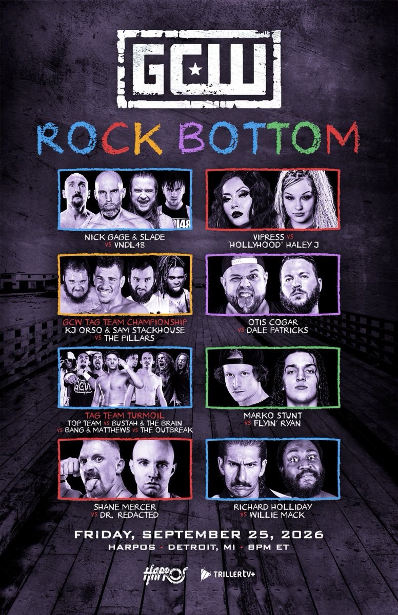GCWrestling_'s tweet photo. *FRIDAY 8PM*

GCW returns to DETROIT for #GCWBottom!

Feat:
Vndl48 vs Gage/Slade
Otis vs Patricks
KJ &amp; Stackhouse vs Pillars
Vipress vs Haley J
Dr R vs Mercer
Marko vs Flyin Ryan
Holliday vs Mack
Tag Team Turmoil
+more!

Tix:
https://t.co/WE6oDEOoJJ

Watch LIVE on @Triller_TV+ https://t.co/knBWybcHI7