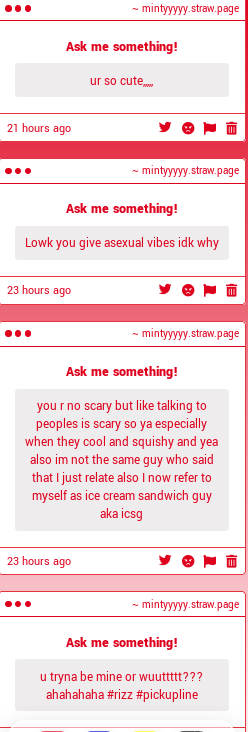 mintyyyyy7's tweet photo. awhh ty :3
im on the asexual spectrum so ig my vibes are correct
hi iscecreamsandwichguy
are you javascript because javascript is cool #rizz #pickupline
hi meow
glup ,
maybe ,,
uhhh well other than the fact that idk who u are im not in a good mental state to date ,,maybe https://t.co/SoINueIUnV