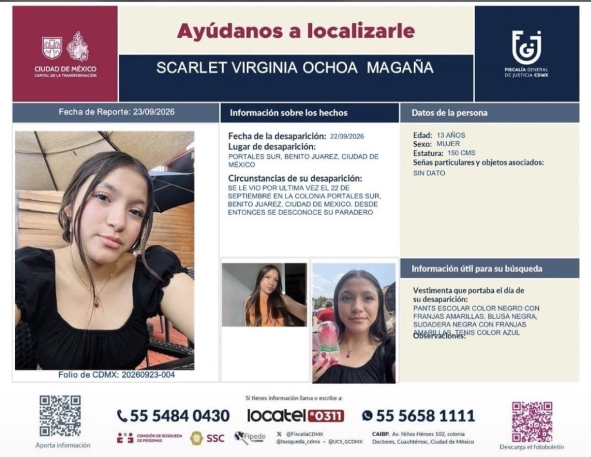 RedAMLOmx's tweet photo. @HugoTorresCDMX 🙏 NO DEJEMOS QUE SU NOMBRE SE OLVIDE

Scarlet Virginia Ochoa Magaña desapareció en Portales Sur. Su hogar está vacío y la angustia no cesa.

Por favor, ayuda a que este mensaje llegue lejos.

​📞 Informes al: 5618355717
​#NosFaltaScarlet #Portales https://t.co/hzT57EoX3J
