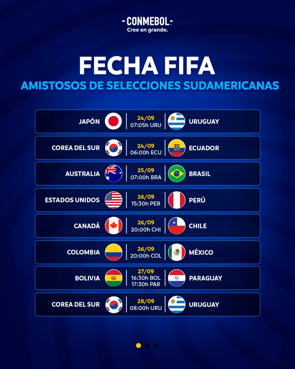 CONMEBOL's tweet photo. ¡Las selecciones sudamericanas vuelven al ruedo! 😍

As seleções sul-americanas voltam à ação! 🗓️ https://t.co/g0AjgL1YrK