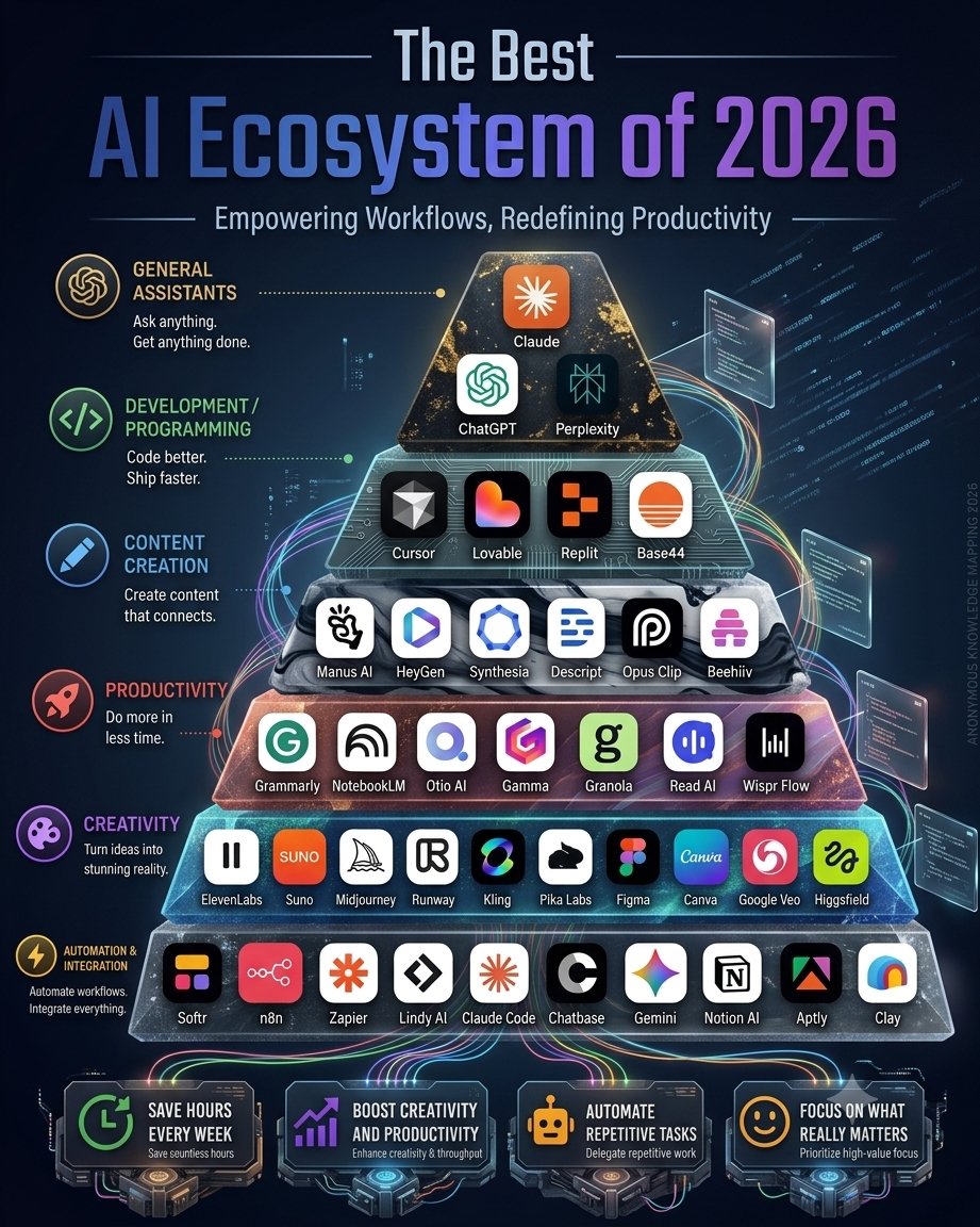 jasoncoderx_ai's tweet photo. The Complete AI Stack for 2026. 🚀
​From coding with Cursor to content creation with HeyGen &amp; Midjourney—AI has completely redefined productivity.
​How many of these tools are part of your daily workflow? 👇
​#AI #Tech2026 #Productivity #AITools #TechTrends https://t.co/fQhMIIca0P