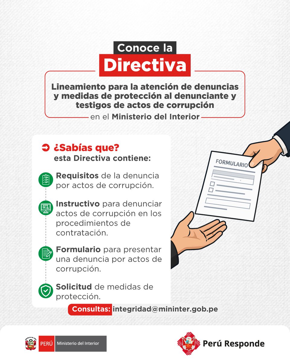 MininterPeru's tweet photo. 🛡️ ¡Denunciar con seguridad también es combatir la corrupción!
El #Mininter cuenta con una Directiva que establece lineamientos claros para la atención de denuncias por actos de corrupción, garantizando la reserva de identidad y medidas de protección para denunciantes y testigos.
📋 Además, facilita el proceso de denuncia mediante canales y procedimientos definidos, contribuyendo a que cada alerta sea atendida y fortaleciendo la transparencia e integridad institucional.
📩 Consultas: integridad@mininter.gob.pe
