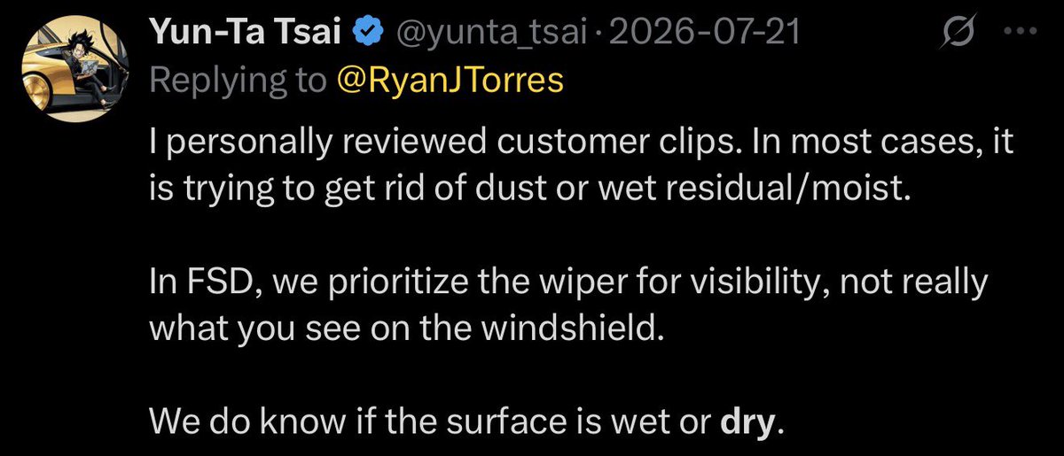 niccruzpatane's tweet photo. Tesla prioritises the windshield wiper for camera visibility rather than what we see out of the windshield.

That’s why the car sometimes “dry wipes”, it’s just for the cameras, not us. https://t.co/EzQtUZxwIU