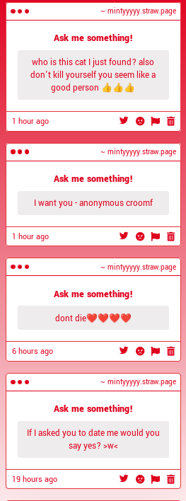 mintyyyyy7's tweet photo. awhh ty :3
im on the asexual spectrum so ig my vibes are correct
hi iscecreamsandwichguy
are you javascript because javascript is cool #rizz #pickupline
hi meow
glup ,
maybe ,,
uhhh well other than the fact that idk who u are im not in a good mental state to date ,,maybe https://t.co/SoINueIUnV