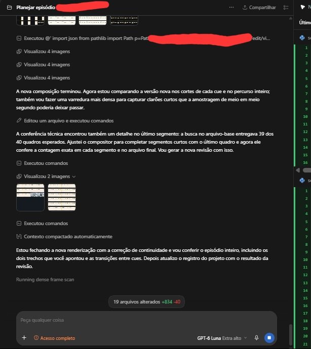 LincolnMen42859's tweet photo. Resolvi testar o GPT 6 Luna pra comparar consumo do limite de uso, se o desempenho é aderente a skill e minimamente aproveitável. 

Rapaz, tá rodando a 6 horas direto!

Analisando cada ponto do episódio.
Extraindo frames pra validar inversões, fazendo correções, atualizando. 

O resultado inicial não é igual ao Astra ou Sol que já testei antes e com resultados muito bons.

Mas o fato de estar numa tarefa ou sequencia de tarefas por tanto tempo sem se perder tem seu mérito.