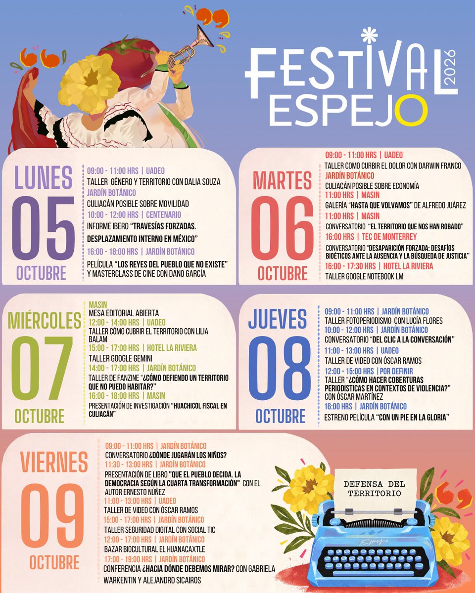EspejoRevista's tweet photo. 🎉 En ESPEJO cumplimos 12 años y por ello, del 5 al 9 de octubre lo celebraremos con el Festival ESPEJO 2026.

A lo largo de cinco días tendremos distintos eventos como, talleres, cine, presentaciones, un bazar, y más.

¡CHECA LA CARTELERA COMPLETA AQUÍ!👇🏻 https://t.co/Lb7KCNWtva