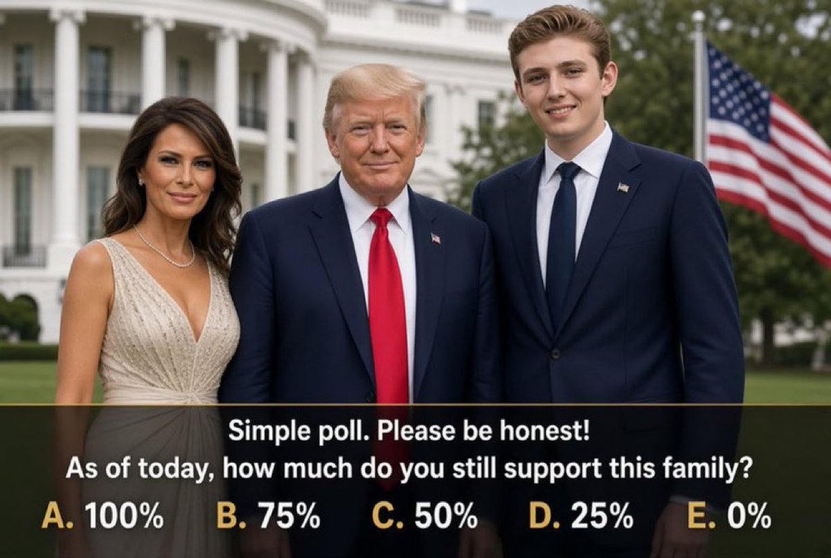 0EricTrumpQ's tweet photo. Honest poll - no games.
As of today, how much do you still support this family?
A. 100%
B. 75%
C. 50%
D. 25%
E. 0% https://t.co/h8wLOhu6ma