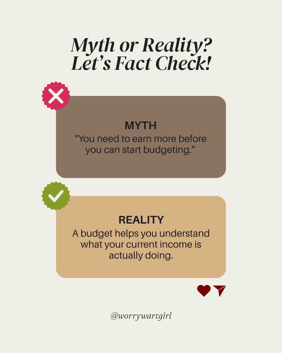 worrywarthere's tweet photo. MYTH: “I need to earn more before I can budget.”

REALITY: A budget shows what your current income is actually doing.

It’s not about how much you have—it’s about giving every peso a clear purpose so you feel in control. 💡

#MoneyRealityCheck #worrywartgirl https://t.co/rFNfrriKLg