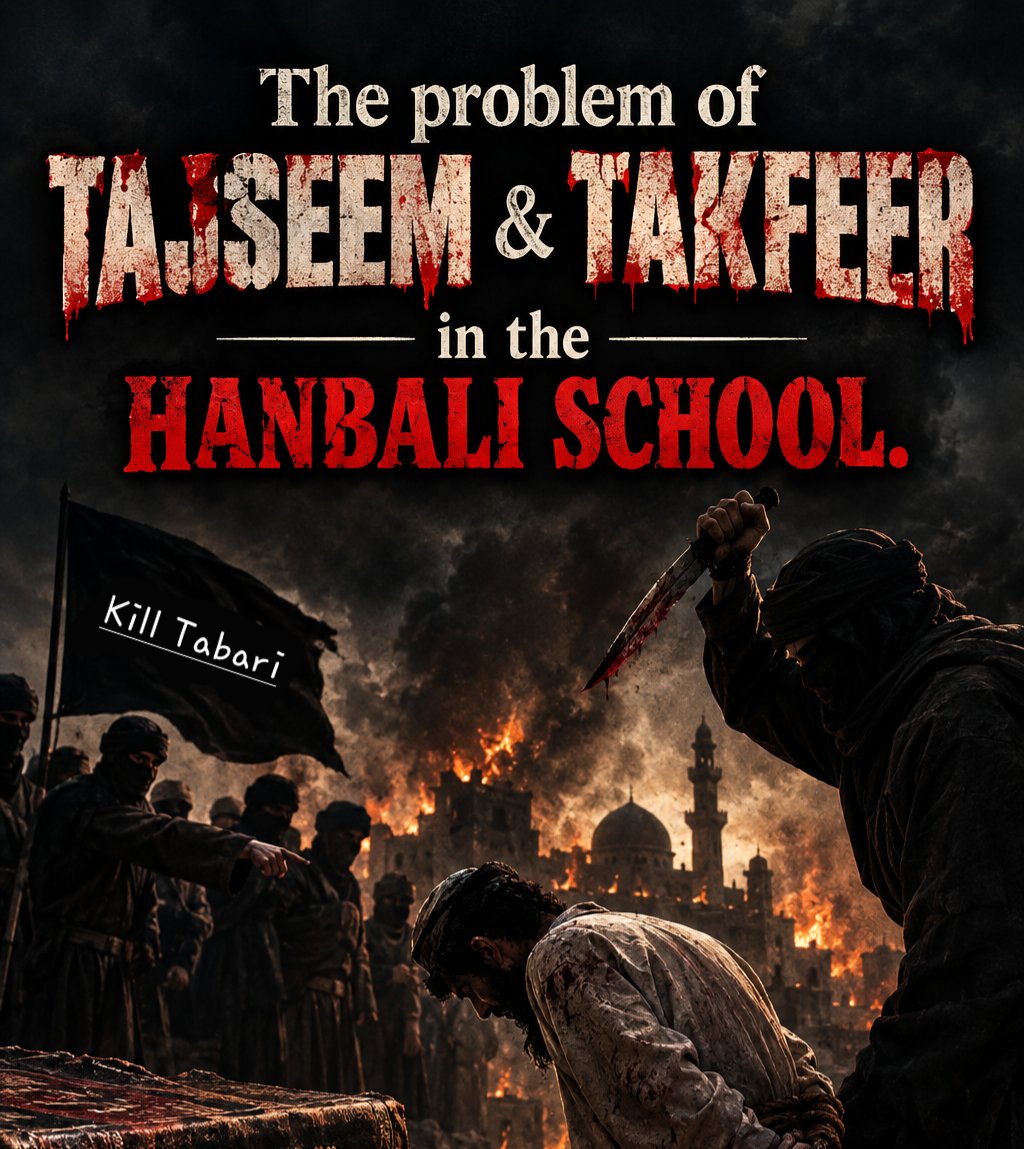 HarounKanj's tweet photo. The Hanbali school has a real problem with Tajseem & Takfeer, so I wouldn't advise anyone I care about to start studying aqeeda through the Hanbali school. They have imams in their school who have said some of the most outrageous things concerning God, but people are too emotional to deal with it. I wholeheartedly believe that Imam Ahmad RA has nothing to do with the Mujassima thugs who hide behind his name. Since some online Hollywood-style personalities are peddling the idea of God and the Prophet sitting side by side on a chair (while sharing a cup of tea), let me state some of their beliefs below. By the way, there came a time when the thugs who adopted these heretical beliefs were going around bashing and killing Muslims who opposed them in these views. I will limit what I mention to God's relation with the throne and with sitting.
Below is a list of some of their beliefs:

1. After God created the creation, he reclined and placed one leg over the other.

2. When God was writing the Torah for Moses, he reclined on a boulder for support.

3. God sits on the throne, resulting in a squeaking noise that is emitted from the throne due to the pressure on it.

4. God's body covers the entire body of the throne with the exception of the span of 4 fingers. This small gap is reserved for the Prophet to sit on so he can be side by side with God. 

5. Is God touching the throne? Some said yes, whilst others said no. Darimi said there's a gap between God and the throne. 

6. When God goes down to the bottom sky at night, does he leave the throne or not? Some said yes, he leaves the throne, whilst others said he doesn't leave the throne. 

7. God gave the throne the power to withstand him settling on top of it. If God wanted to, he could do the same with a Mosquito. He can sit on top of a mosquito, and it would be able to bear him with the power he gives it. 

8. The feet of God are spatially below the face of God. 

9. God being spatially above is a perfection of his essence. No one shares this perfection with him (except when the Prophet sits side by side with him on the throne).

10. God sits, stands and moves as he wishes.

If you want to learn Sunni aqeeda, then don't start with the Hanbali aqeeda. Don't risk it. Start with Ash'ari or Maturidi Aqeeda, and then, when you feel confident enough, expand your horizons to the Hanbali school. 

Historically speaking, there have always been good Sunni Hanbali scholars, but there's also always been the opposite.