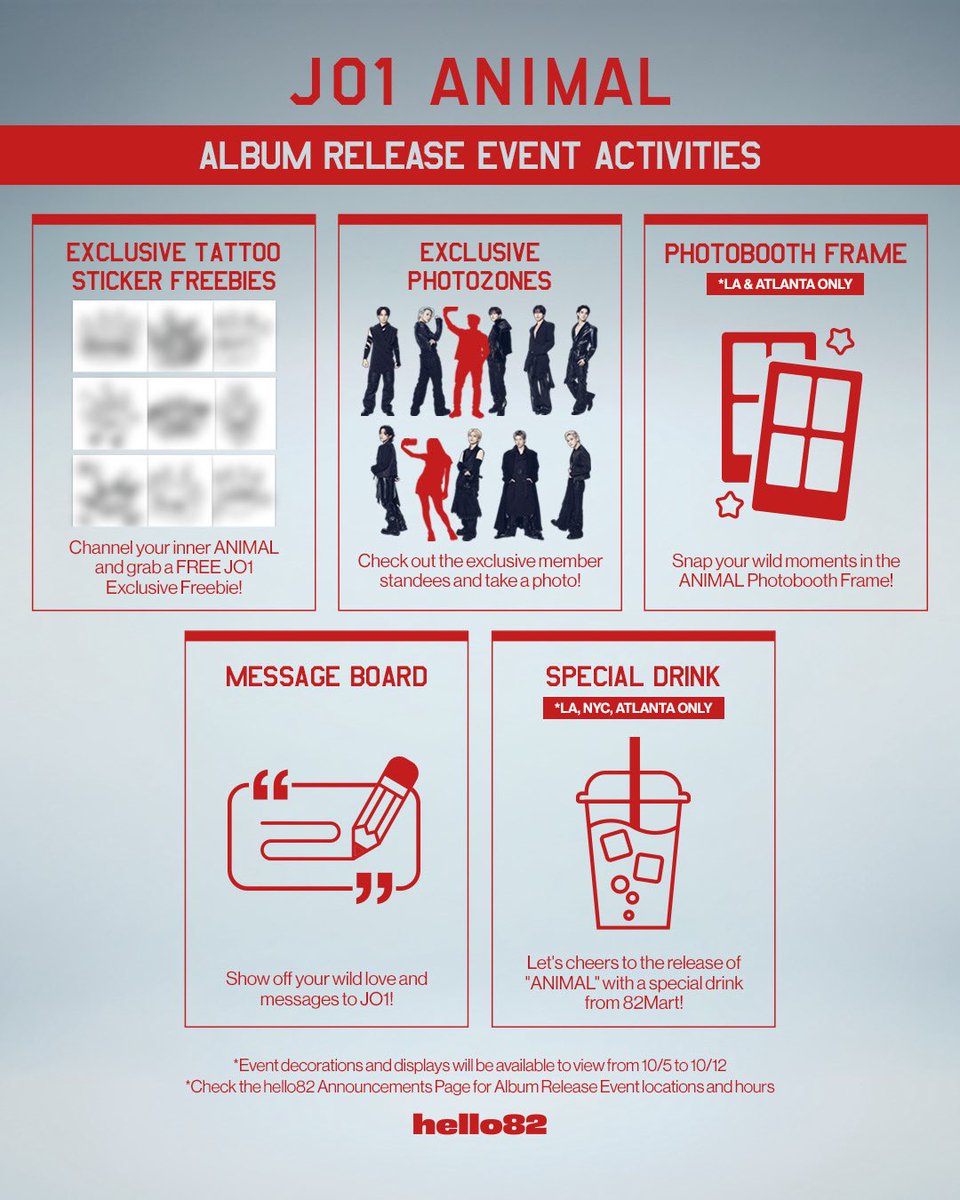 hello82official's tweet photo. Get ready to become your inner ANIMAL 😈✨
Lose control with JAM and explore Exclusive activities at the JO1 Album Release Event!

📅 10/2 - 10/4 | Event hours may differ

Find an Album Release Event Near you! ⬇️
🔗 https://t.co/UfDwdRNFzA

*Event decorations and displays will be available to view from 10/5 to 10/12 ✨️

@official_jo1 
#JO1 #JO1_ANIMAL #hello82