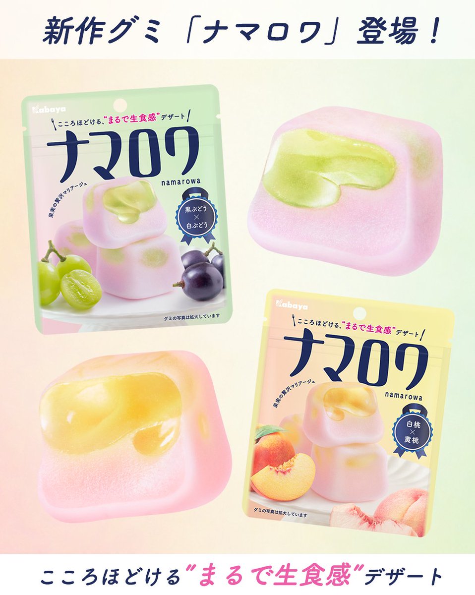 kabaya_official's tweet photo. ＼新しいグミ"ナマロワ"が登場✨／

こころほどける“まるで生食感”デザート
「ナマロワ」が9月29日に新発売！

🍇黒ぶどう×白ぶどう
🍑白桃×黄桃

しっとりぷるん食感と、
2つの果実が重なる奥深い味わいをお楽しみに。
#ナマロワ https://t.co/3H5oANGYxR