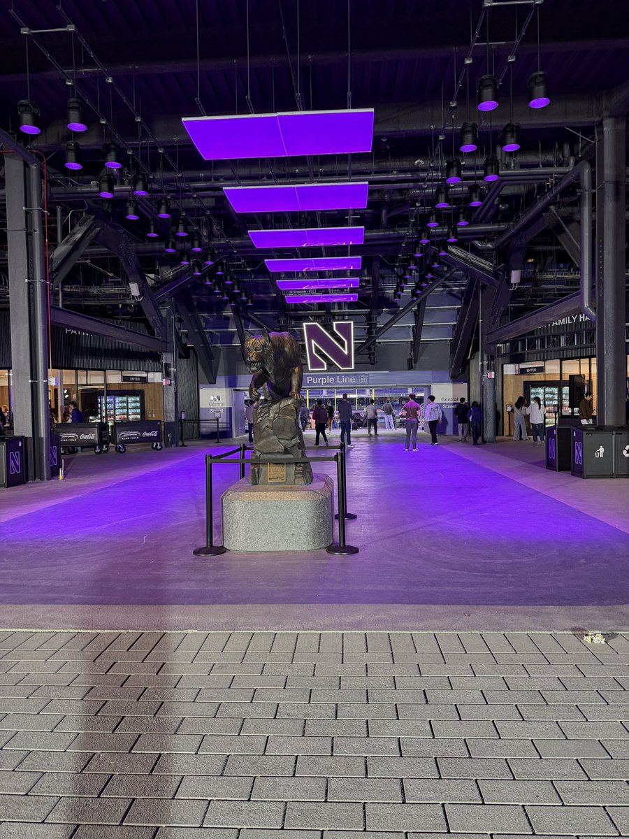 adub_sports's tweet photo. The Wildcat sculpture has quite the home. Under the lights, and right outside the entrance to the student section (also known as the “Purple Line.”) https://t.co/MD4dAkNJat