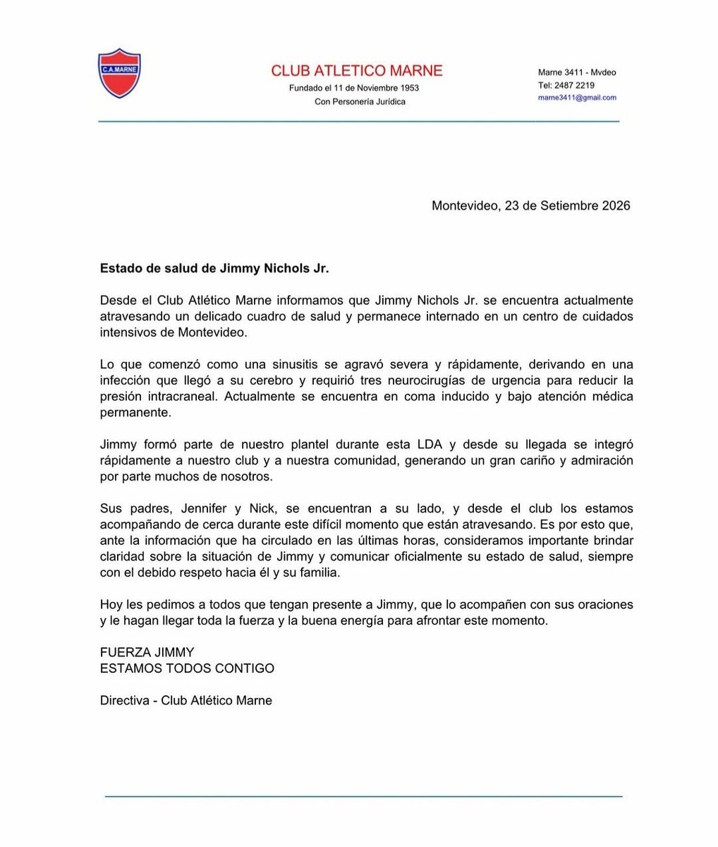 fermartinezlar's tweet photo. Comunicado de @ca_marne sobre el delicado estado de salud de Jimmy Nichols Jr., el extranjero que defendiera al equipo en la actual Liga de Ascenso se encuentra en coma inducido luego de tres neurocirugías, a las que fue sometido debido a una infección. Mucha fuerza! 🙏🏀 https://t.co/0OeoHUOc8j