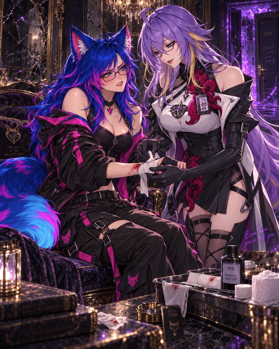 ItsJublifox's tweet photo. "May I?”
Somehow that one question hit harder than the wound did. 💜
Dangerous hands can still be gentle.

#Jublifox #Fadia #NTE #FanArt #TheFoxInTheBeastsDen https://t.co/L9iuKT9JWe