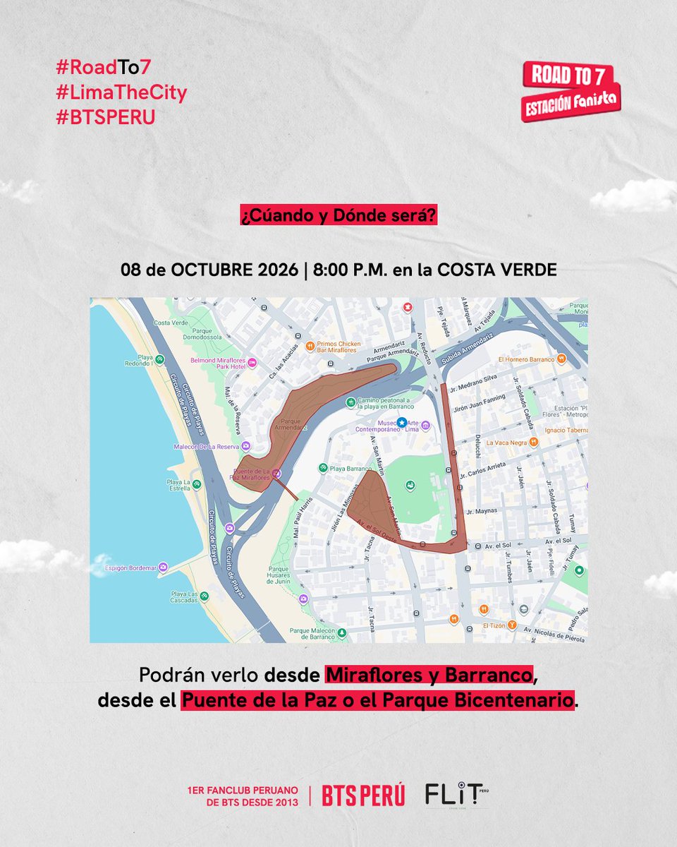 bts_peru1's tweet photo. 💜¡LO LOGRAMOS! 🇵🇪✨

Después de alcanzar la meta de 25,000 "Likes" en Fanista @fanista_latam, podemos confirmar una noticia histórica:

✨El primer show de drones dedicado a BTS en Latinoamérica se hará realidad en Perú.✨

Y queremos celebrarlo contigo.💜

📅 08 de octubre de 2026
🕖 8:00 Ρ. Μ.
📍 Costa Verde

👀 Puntos de observación:

Miraflores y Barranco, específicamente desde el Puente de la Paz o el Parque Bicentenario.

Este proyecto es organizado por BTS Perú, primer fanclub peruano de BTS, activo desde 2013, en alianza con Fanista y Flit Drone Show Perú.💜

⭐ 25,000 apoyos. Una meta cumplida. Un momento que quedará para la historia.

Mantente al tanto de todas las novedades en nuestras redes oficiales:

📱Instagram: @bts_peru | @btsperuprojects
🎵Tik Tok: @btsperu
X: @bts_peru1

¡Nos vemos en Costa Verde!

#RoadTo7 #LimaTheCity #BTSPERU