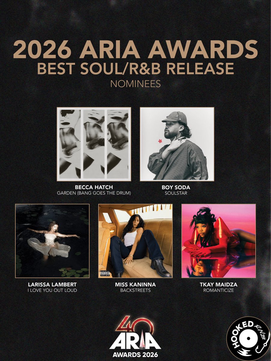 HOOKEDRNB's tweet photo. 🏆 Congratulations to all the nominees for the 2026 @ARIA_Official Best Soul/R&amp;B Release!

@BeccaxHatch
BOY SODA
Larissa Lambert
@misskaninna
@TKAYMAIDZA https://t.co/qtCd3YGCEx