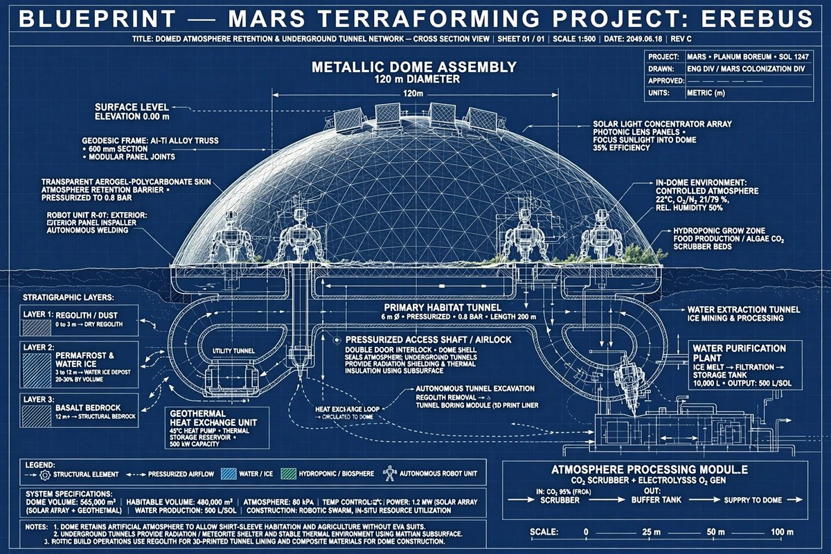 Crossman69's tweet photo. @elonmusk @boringcompany Heads up @elonmusk.
Mars terraforming blueprint.
Robots build sealed domes + tunnels first to trap heat and air.
Atmosphere leaks into space without containment.
Follow the sequence: light, dome, water, land, plants.
Dome first or it all escapes. https://t.co/ODDRE4QTPk