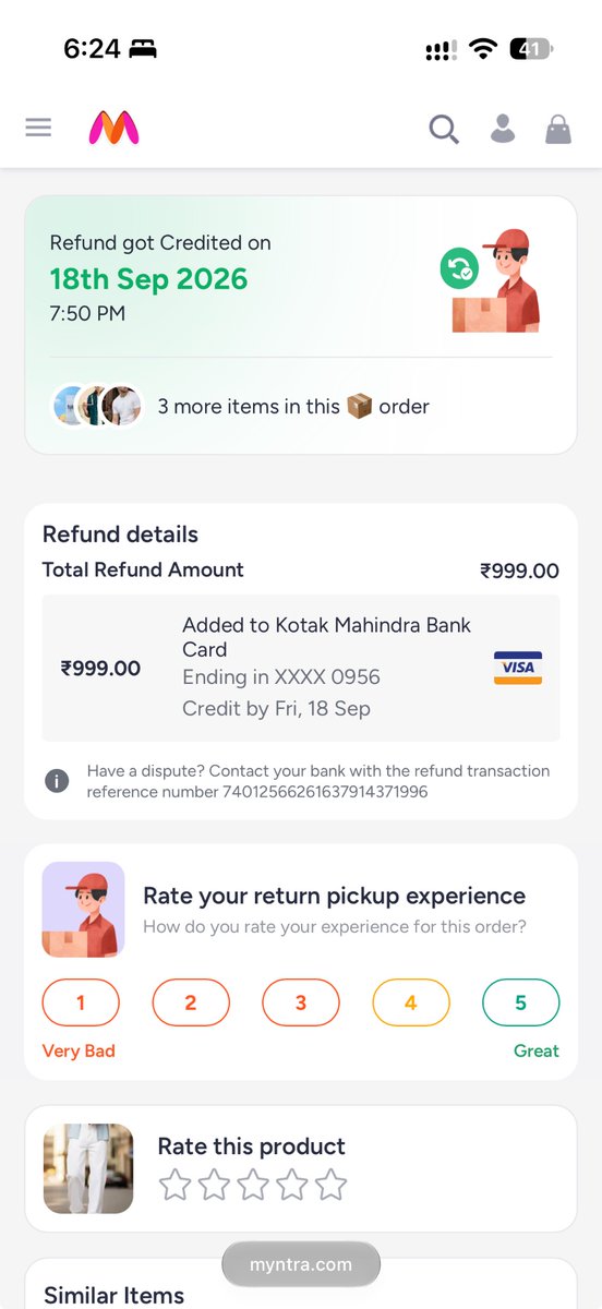 vikram_rc's tweet photo. Hi, @myntra @MyntraSupport   I need help with a ₹999 refund that has not been received. Myntra shows the refund as “credited” on 18 and provides refund reference number 74012566261637914371996. 1/2 https://t.co/8TXG0Jp4qu