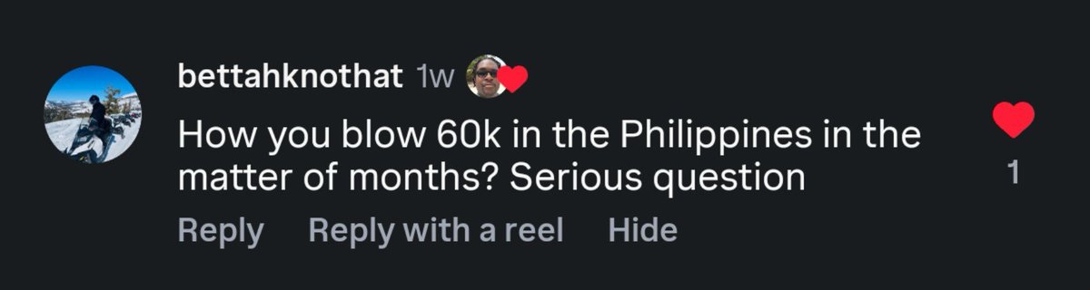 ExpatBuilder's tweet photo. So I went viral on Instagram talking about how broke I ended up after last cycle  

These are some of the comments they left and my excuses 

I didn't blow 60k in months I lost if over a 2 year period while living in Cebu. I was trading and keeping my family afloat.  It took 3 total years to messs up 360k but that's typical some people mess that up in a month