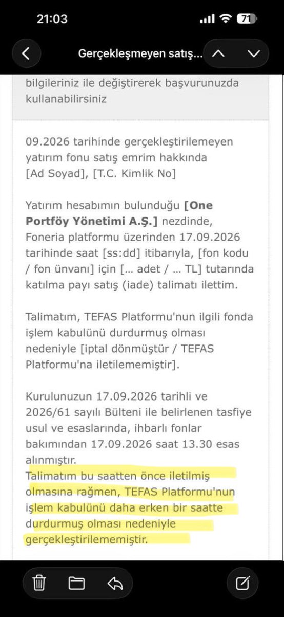 AybarsHanTC's tweet photo. 🔴 17 Eylül Fon Satış Krizi: Mağdurlar Ne Yapmalı❓

17 Eylül sabahı, yüz binlerce fon yatırımcısı büyük bir şok yaşadı. 

Tera, Pusula, Hedef, Atlas, A1, Pardus ve Bulls gibi 7 farklı şirkete ait 131 farklı fonun tasfiyesine karar verilmişti. 

Devlet, "tasfiye" kararı aldıktan sonra, sabah saat 13:30’a kadar verilen satış emirlerini ayrı, bu saatten sonrakileri ayrı işleme alacağını duyurdu. 

Yani, 13:30’dan önce "sat" tuşuna basanlar, o günkü fiyattan paralarını alıp çıkabilecek, borç sırasının başına geçecekti. 

13:30’dan sonra satış emri verenler ise tasfiye kuyruğuna girecek ve fonun içindeki varlıkların satılmasını, bazen aylar sürebilecek bir süreci beklemek zorunda kalacaktı. 

Bu süre önce 3 aydı, şimdi 6 aya çıkarıldı.

Ancak olaylar hiç de planlandığı gibi gitmedi. 

Yatırımcılar 17 Eylül tarihinde sabah erkenden, hatta 13:30’dan saatler önce, uygulamalarını açıp fon paylarını satmak istedi. 

Ekranda önce "talimat alındı" veya "TEFAS’a iletilecek" yazısını gördüler. 

Fakat kısa süre sonra bu yazı "iptal edilmiştir" olarak değişti. 

Hiçbir gerekçe, hiçbir açıklama yapılmadı. 

13:30’u beklemeksizin kapılar daha erken kapanmış, verilen emirler ya merkeze hiç ulaşmadan iptal edilmiş ya da sistemden kaybolmuştu.

♦️Bu durumun en büyük delili ise, Foneria’yı işleten Gri Finansal Teknolojiler’in bir hafta sonra yatırımcılara gönderdiği mail. 

Bu mailde şirket, "Kurul 17 Eylül saat 13:30’u esas almıştır. Ben talimatımı bu saatten önce verdim. Buna rağmen TEFAS işlem kabulünü daha erken durdurduğu için satışım gerçekleşmedi" diyerek olayı adeta itiraf ediyor‼️

Yani mağdurlar bu durumu kendisi uydurmuyor, bizzat emri ileten kurum yazıyor‼️

Peki, şimdi ne yapılacak? 

Şirketler, bu mailde yatırımcıya "Sen tek tek CİMER’e yaz, bilgi edinmeye başvur, her dosya ayrı bakılır" diyerek sorumluluğu vatandaşın üzerine yıkmaya çalışıyor. 

Oysa saat de belli, kayıtlar da belli. 

Ortada toplu bir kusur varken, çözümün de toplu olması gerekirdi. 

Mağdurların tek tek dilekçe vermesi isteniyor.

Yatırımcıların Hakları Nelerdir?

13:30’dan önce verilen her satış emri, "gerçekleşmemiş satış" olarak kaydedilmelidir. 

Bu emir, yatırımcının o günkü fiyattan alacak hakkını korur ve tasfiye kuyruğunda öncelik sağlar.

 "İptal" yazısı, yatırımcının hakkını kaybettirmez, aksine bu iptalin kimin, hangi kayıtla ve neden yapıldığının açıklanması gerekir. 

Eğer emir, aracı kurumun hatasıyla merkeze hiç ulaşmadıysa, bu da o kurumun kusurudur ve yatırımcının hakkı yine de saklıdır.

Mağdur olan yatırımcıların yapması gerekenler şunlardır:

📍Hemen ekran görüntüsü alın: O gün verdiğiniz emrin saatini, numarasını ve iptal yazısını belgeleyin.

📍Kuruma yazılı başvurun: Emrinizi ne zaman verdiğinizi, TEFAS’a iletilip iletilmediğini, iptali kimin yaptığını sorun.

📍Aynı yazıyı resmi mercilere iletin: Bu başvuruyu CİMER’e ve resmi bilgi edinme kanallarına da gönderin.

📍Tasfiyeyi yürüten bankaya bildirin: Tera fonlarında İş Bankası, diğer fonlarda Ziraat Bankası tasfiyeyi yürütüyor. Emrinizin "gerçekleşmemiş satış" olarak listeye girmesini talep edin.

📍Öncelik isteyin: Eğer emriniz merkeze hiç gitmediyse, "Ben tasfiyeden payımı beklerim" demeyin. "Talimatım iletilmedi, bu nedenle hakkım öne alınsın" diyerek hakkınızı arayın.

Aracı kurumlar, sorumluluğu vatandaşa yükleyip toplu çözümden kaçmamalı. 

Yatırımcının hakları, o günkü fiyattan alacaklı gibi öne alınmalı ve tasfiye kuyruğunda aylarca bekletilmemelidir.

@isbankasi @spkgovtr @Takasbank @spkgovtr @ziraatbankasi