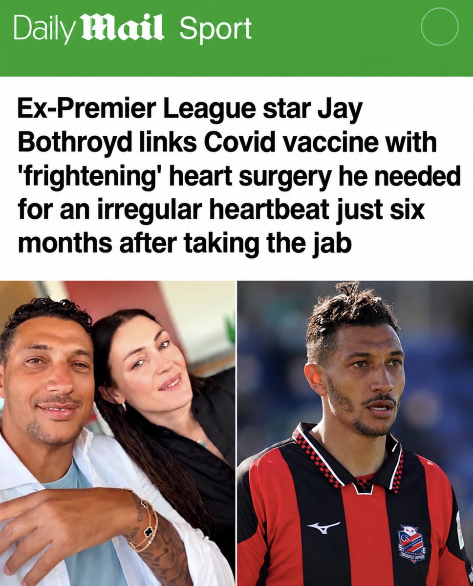 toobaffled's tweet photo. Former Premier League and England striker Jay Bothroyd says he developed an irregular heartbeat around six months after receiving his COVID vaccination and subsequently needed heart surgery.

'To tell people they must get a jab, regardless of their beliefs, their faiths and their own research (was) negligent in itself.'

https://t.co/Hswz5pZ1J4