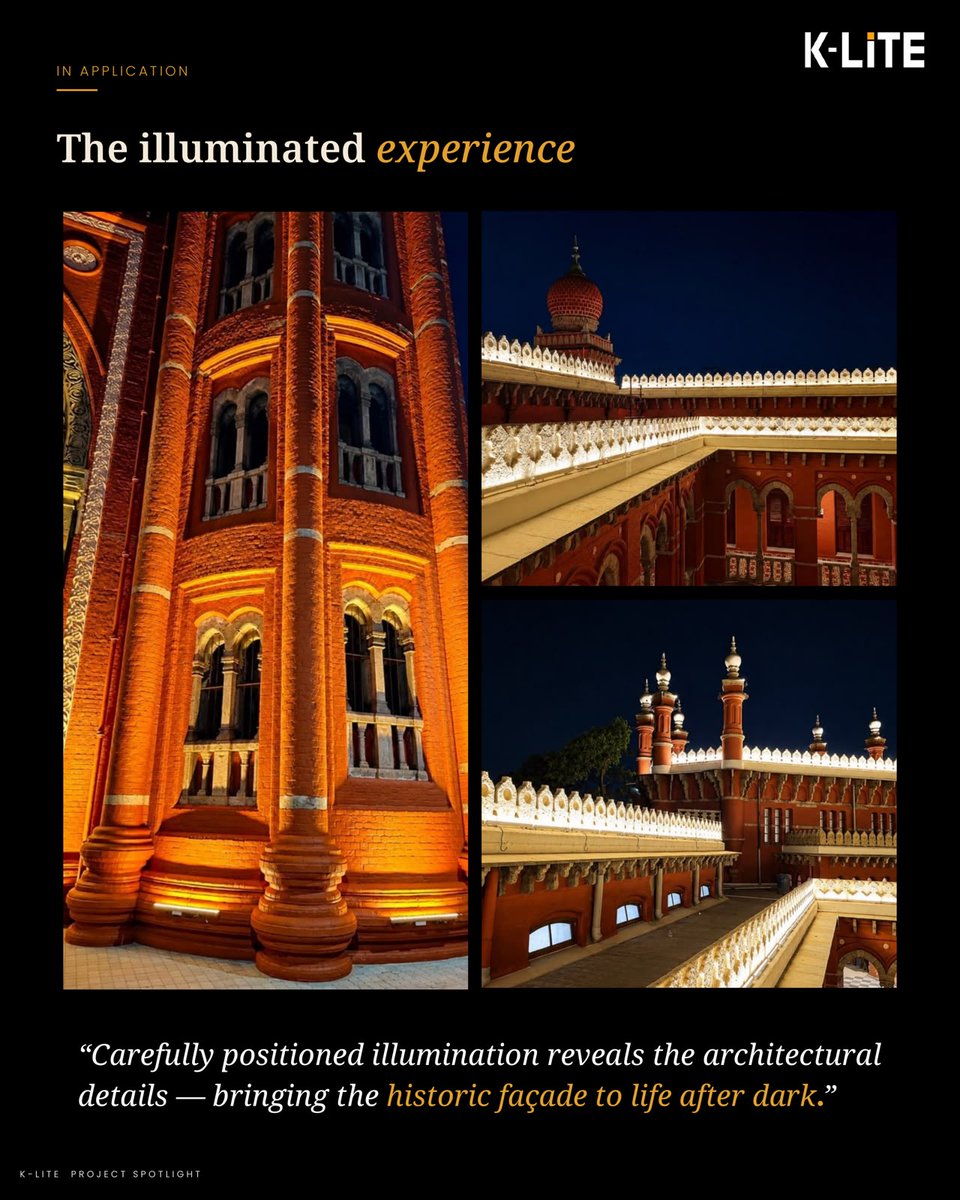 KliteIndia's tweet photo. Project Spotlight | Madras High Court, Chennai, Tamil Nadu, India
A legacy in light.
Architectural lighting reveals the intricate arches, domes and historic character of this Chennai landmark—bringing its Indo-Saracenic architecture to life after dark.
#KLITE #MadrasHighCourt https://t.co/qKBKEa2t3m
