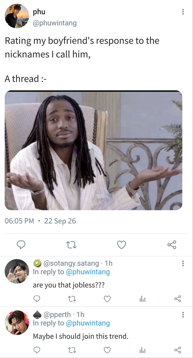 badecisionofc's tweet photo. #PondPhuwin au, where:- 

Phuwin rates his boyfriend's response to the nicknames he calls him. https://t.co/zbOT6trKTz