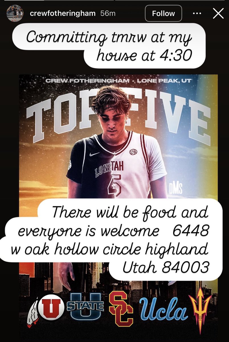 TheAggship's tweet photo. Utah State 2027 four-star wing target Crew Fotheringham is announcing his commitment tomorrow, per his Instagram story. The event with also be streamed live on his account https://t.co/hWCgzqM17X