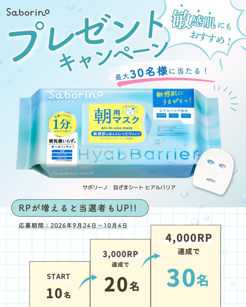 saborino_jp's tweet photo. 📢 参加者が増えると当選者もUP！🩵✨

新商品「サボリーノヒアルバリア」をプレゼント🎁

【応募方法】
①@saborino_jp をフォロー
②このポストをRP &amp; いいね

🔽 当選確率を上げるには…🔽 https://t.co/DKXXdGFH7K