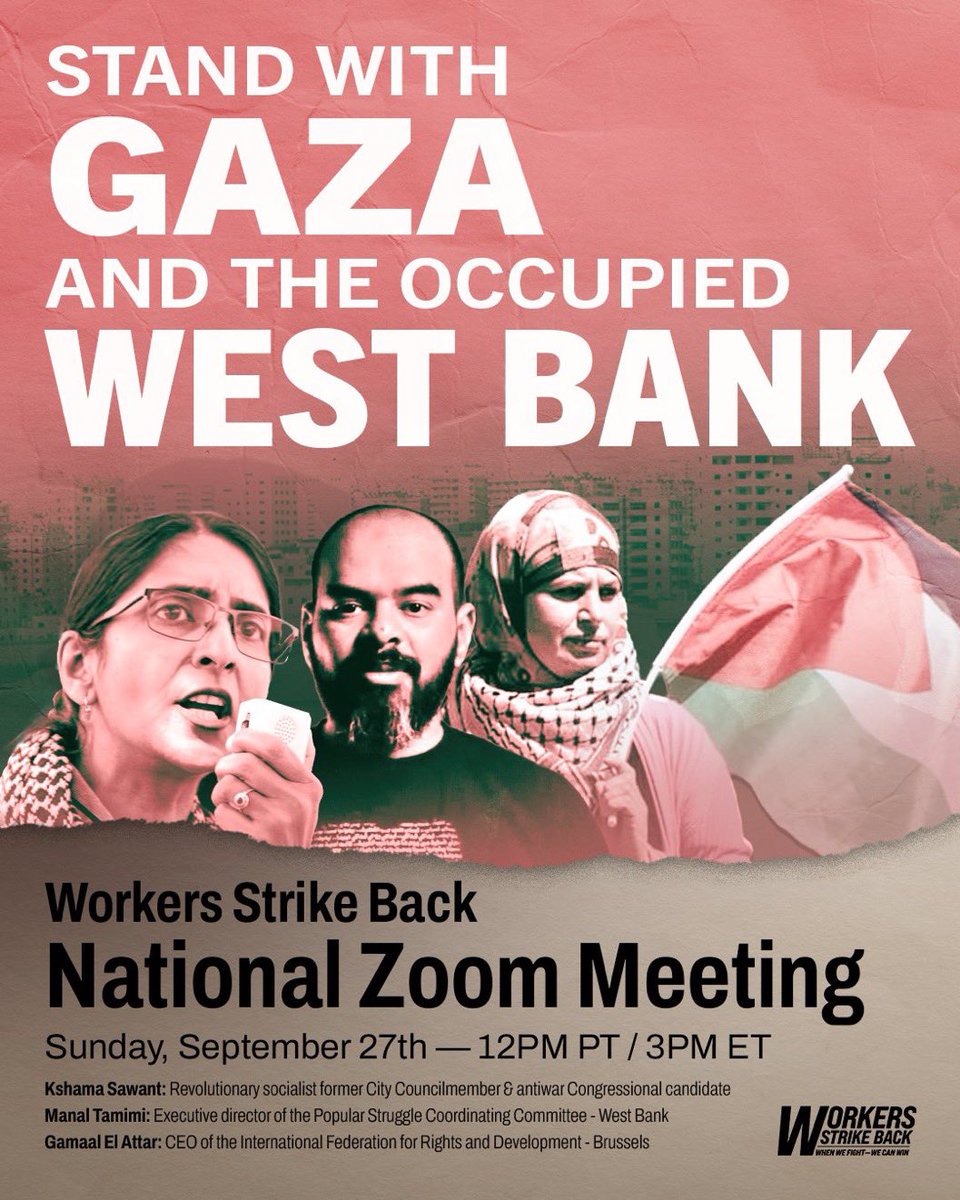 wrkrsstrikeback's tweet photo. Stand With Gaza and the Occupied West Bank!

Israel has continued murdering Palestinians in Gaza and has ramped up violence in the occupied West Bank. Join us to hear directly from Palestinian activists on the front lines of the struggle against apartheid. 

National September Meeting
Sunday, September 27th
12 noon PT / 2pm CT / 3pm ET
Join over Zoom OR RSVP to come to our in-person meeting in Peoria, Illinois or Milwaukee, Wisconsin.
https://t.co/3wF8k2940b…

Featured speakers:

Manal Tamimi: Executive director of the Popular Struggle Coordinating Committee - West Bank

Gamaal El Attar: CEO of the International Federation for Rights and Development @BeIfrd - Brussels
