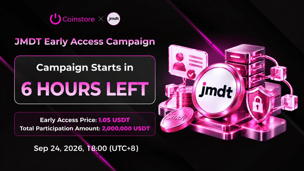 CoinstoreExc's tweet photo. ⏳ 6 HOURS TO GO!

The JMDT Early Access Campaign is about to launch on Coinstore!

$JMDT powers Truth Layer, an enterprise-grade decentralized data and identity infrastructure supporting privacy-preserving applications, Layer 2 execution and network validation.
🔹 Early Access Price: 1.05 USDT
🔹 Total Participation Amount: 2,000,000 USDT
🔹 Starts: Sep 24, 2026, 18:00 (UTC+8)
🔹 25% initial unlock
🔹 Remaining 75% released monthly over 12 months

Get ready to access $JMDT on Coinstore!

👉 Campaign Link: https://t.co/4hSo4HLQXy
⚠️ Innovative blockchain projects may experience significant price volatility. Please review the campaign rules and DYOR.

#Coinstore #JMDT #TruthLayer #EarlyAccess