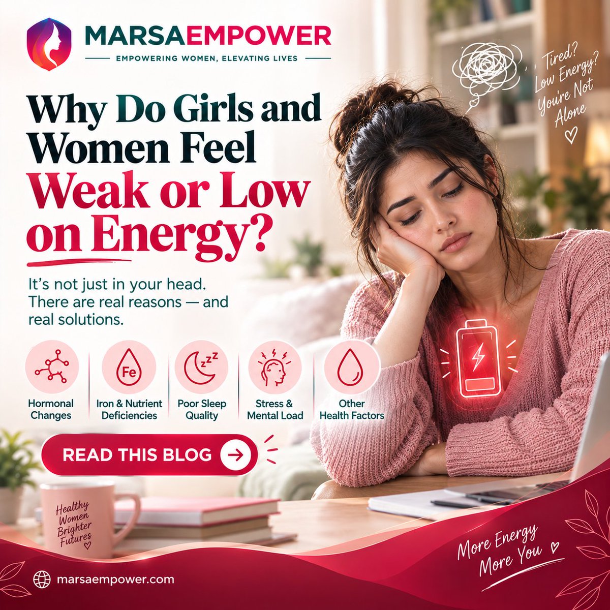 marsaempower's tweet photo. Why Do Girls and Women Feel Weak or Low on Energy?

"I'm always tired" is rarely just tiredness, here's what could really be behind low energy in women. 🔋

Read Full Blog 👇
 https://t.co/GiOQIhzztj

#MarsaEmpower #WomensHealth #Fatigue https://t.co/M08dhKe2vB
