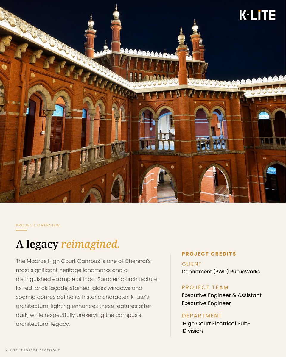 KliteIndia's tweet photo. Project Spotlight | Madras High Court, Chennai, Tamil Nadu, India
A legacy in light.
Architectural lighting reveals the intricate arches, domes and historic character of this Chennai landmark—bringing its Indo-Saracenic architecture to life after dark.
#KLITE #MadrasHighCourt https://t.co/qKBKEa2t3m