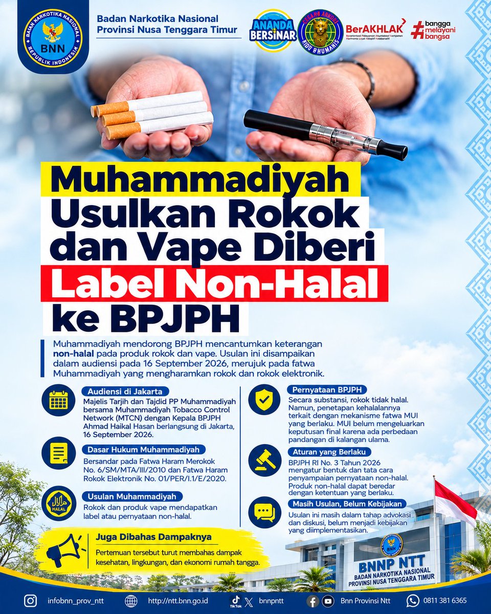 bnnpntt's tweet photo. BNN Provinsi NTT mengajak masyarakat senantiasa waspada dan memilih hidup sehat. Jangan biarkan produk berbahaya menguasai hidup kita. 💚

Sumber: ANTARA News - BPJPH - Muhammadiyah

#warondrugsforhumanity
#indonesiabersinar
#betajaganttbersinar https://t.co/LS6ALy6Mau