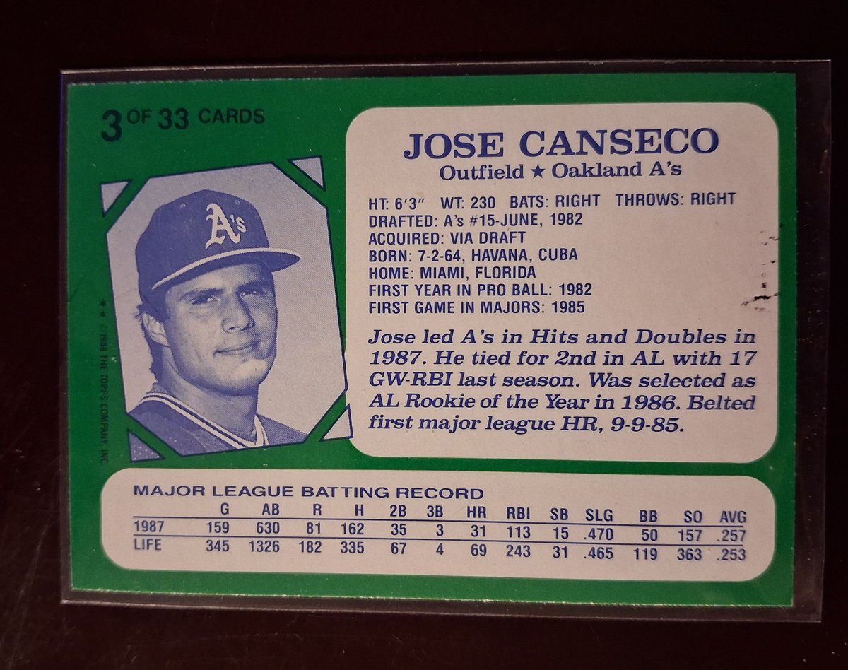 CPFJAYpt2's tweet photo. #RandomCardILove
1988 Topps Kay Bee Toys Superstars of Baseball #3 Jose Canseco
Because Jose.
Because readying for a blast.
Because the catcher might not be ready.
Because those little sets ruled. https://t.co/hqXs8ezoaV