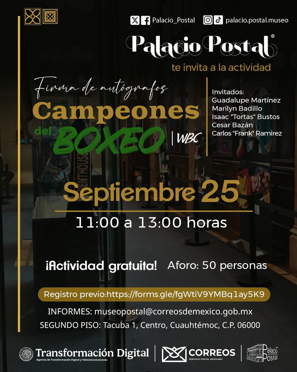 Palacio_Postal's tweet photo. 🥊🔥 El #PalacioPostal se prepara para recibir a grandes leyendas del ring.  

Acompáñanos a la #firmadeautógrafos con #Campeones del BOXEO | #WBC y vive una experiencia inolvidable. 🏆🇲🇽  

🗓 Septiembre 25 | 17:00 horas  
🎟 Registro previo: https://t.co/wHHD8QxtJf https://t.co/4EYTsyBveL