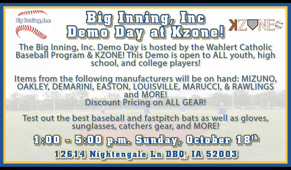 WDHSbaseball's tweet photo. Players &amp; Parents! This is a great opportunity to try out some new gear! Wahlert is hosting a Demo Day! This is NOT a fundraiser for them. It’s simply a chance to check out and test the latest equipment! https://t.co/FSHFVbwdzS