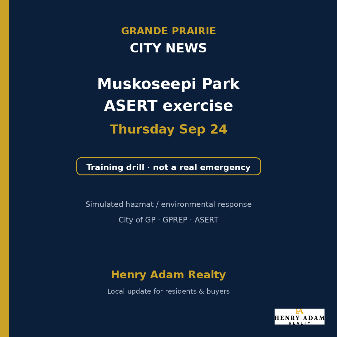 brocktokar's tweet photo. Muskoseepi Park Thu Sep 24: ASERT training exercise (not a real emergency). Simulated hazmat/environmental drill with City of GP + GPREP. Follow park signage.

For off market deals, shoot me a message.

Brock Tokar | Henry Adam Realty
#GrandePrairie #Muskoseepi https://t.co/1rT3SkaPGH