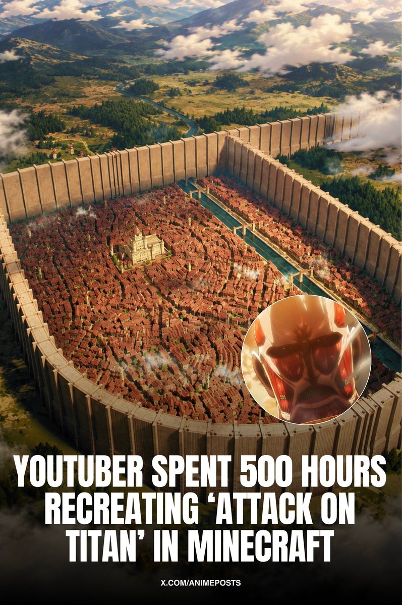 animeposts's tweet photo. YouTuber Spent 500 Hours Recreating Attack on Titan’s Shiganshina in Minecraft

YouTuber Stan616 spent roughly 67 days and around 500 hours recreating Attack on Titan’s Shiganshina District in Minecraft. The massive build recreates the city block by block, including its houses, towers, castle, walls, surrounding environment, and other recognizable locations. 

Stan616 also recreated Eren’s family home and its interior, using scenes from the anime as references to make the build as detailed as possible. The entire process was documented in a 41-minute video on his YouTube channel.