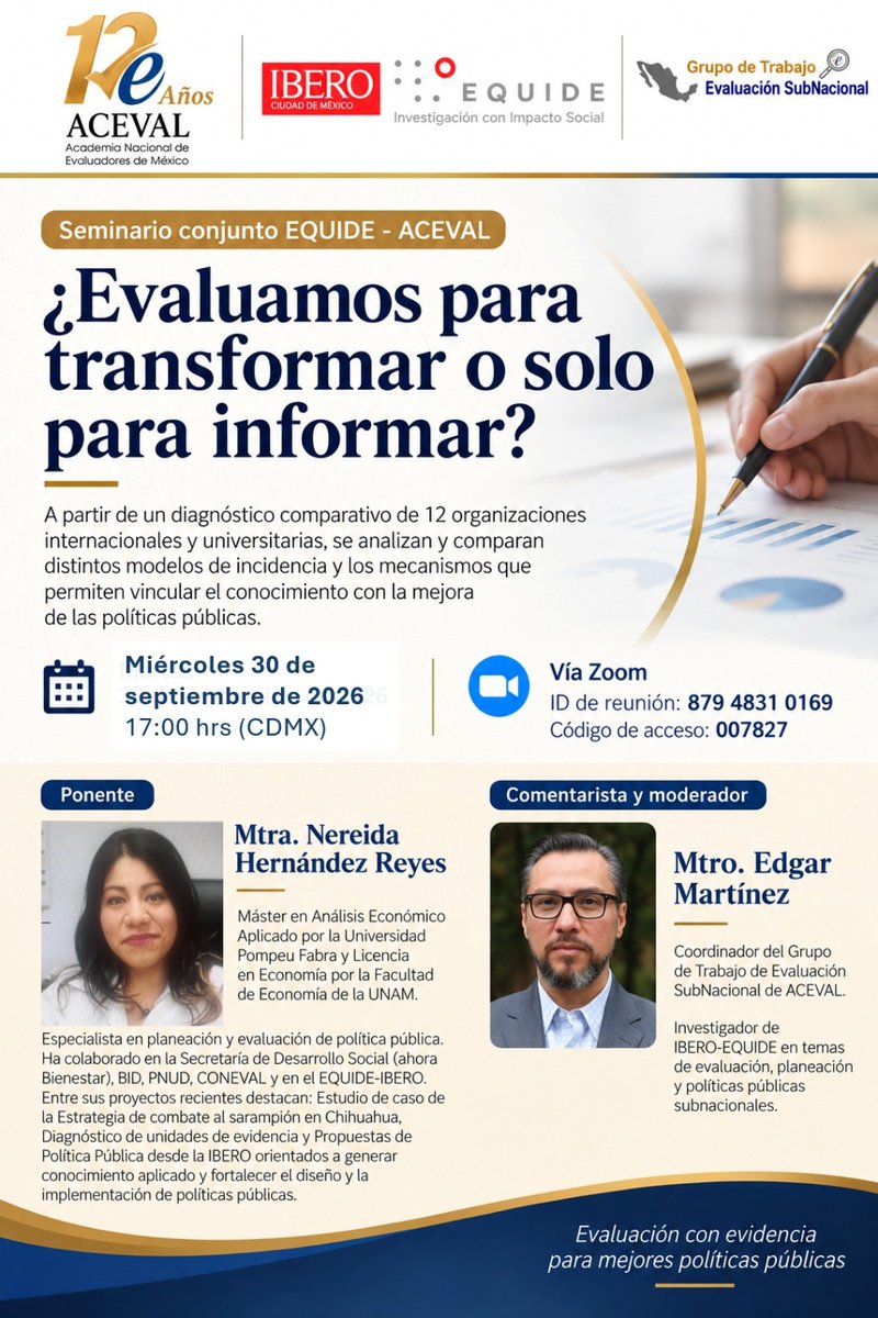 Acevalmx's tweet photo. ¿Evaluamos para transformar o solo para informar? ACEVAL y @equide_ibero  te invitan a dialogar sobre evidencia e incidencia en políticas públicas. 
🗓️ 30 sep. | 17:00 h CDMX | Zoom. 

Con Nereida Hernández y Edgar Martínez. 
#ACEVAL #EQUIDE #RELAC @ReLACnet https://t.co/jUm8A6Xglp