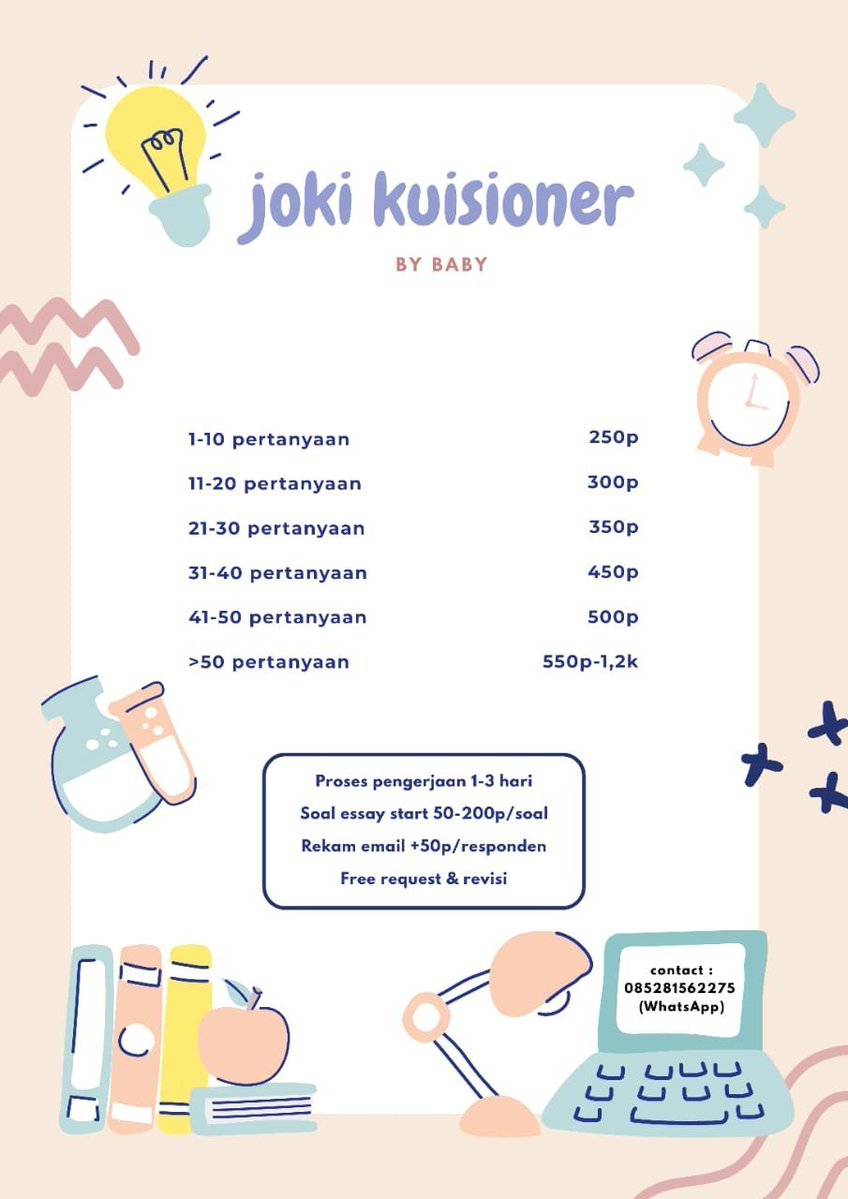 jokkuiB2's tweet photo. Good morning.....always open  ,jasa isi kuisioner,  testimoni  ada  ya !! 🤯
1. request &amp; revisi ( S&amp;K )
2. Proses pengerjaan sesuai permintaan
3. Trusted 100% &amp; privasi aman
4. Real human 👯
#zonauang #Jokiskripsi #jokikuisioner #zonauang https://t.co/f6dpVcU6h8