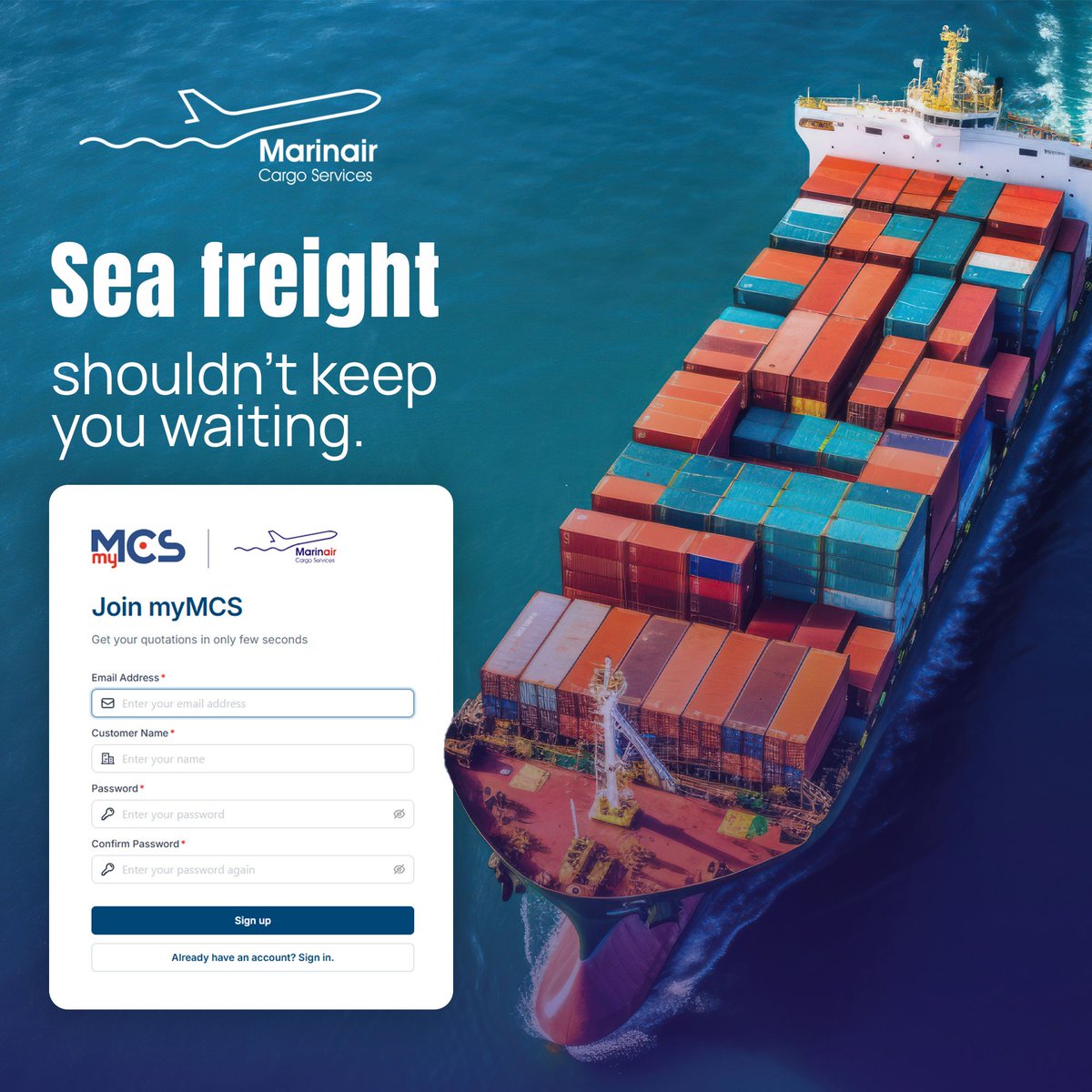 Marinair_Cargo's tweet photo. Waiting days for a quotation shouldn't be part of your logistics process.
With MyMCS, you can receive FCL and LCL quotations in seconds and start planning your shipment without delays.
Faster decisions. Smarter logistics.
Try MyMCS today:
https://t.co/e1RFm6F4uR
#MyMCS #SeaFreight #Marinair
