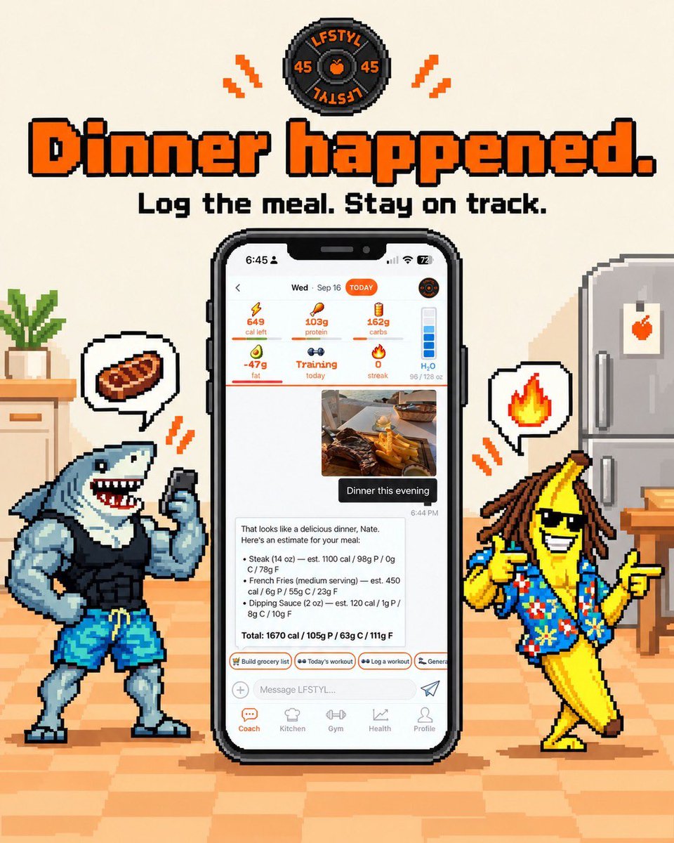 LFSTYLai's tweet photo. You ate a footlong hot dog. Cool. Your macros still get logged.

No lecture. No streak reset. No "you blew your diet." You tell your LFSTYL coach what you actually ate — even the stuff you're a little embarrassed about.    

Open beta Live Soon https://t.co/hHWdzF0vYq