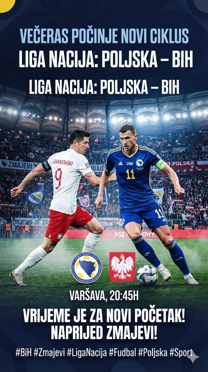 hadzic32's tweet photo. Večeras počinje nova sezona Lige nacija, a pažnja u BiH ponovo je usmjerena na Zmajeve. Prvi izazov je Poljska u Varšavi. Vrijeme je za novi početak.
#BiH #Zmajevi #LigaNacija #Fudbal #Poljska #Sport https://t.co/m2bF2d1yFZ