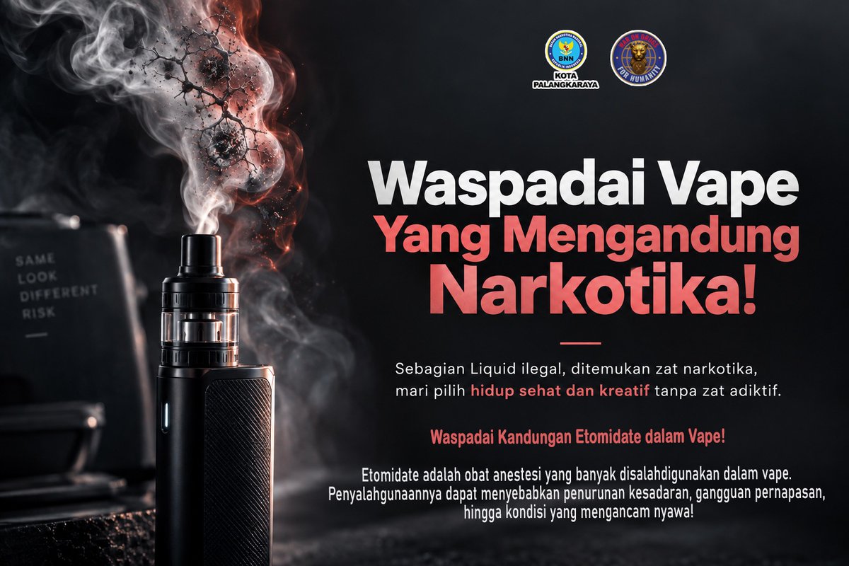InfobnnkPky's tweet photo. “Cuma vape.” Yakin? 
Jangan buru-buru anggap aman. Liquid ilegal dapat mengandung zat berbahaya, termasuk Etomidate, obat anestesi yg dapat disalahgunakan dan menimbulkan dampak serius bagi tubuh.
Kenali sebelum mencoba. 
Waspada sebelum terlambat.

#WarOnDrugsForHumanity https://t.co/PeOhVRV49n