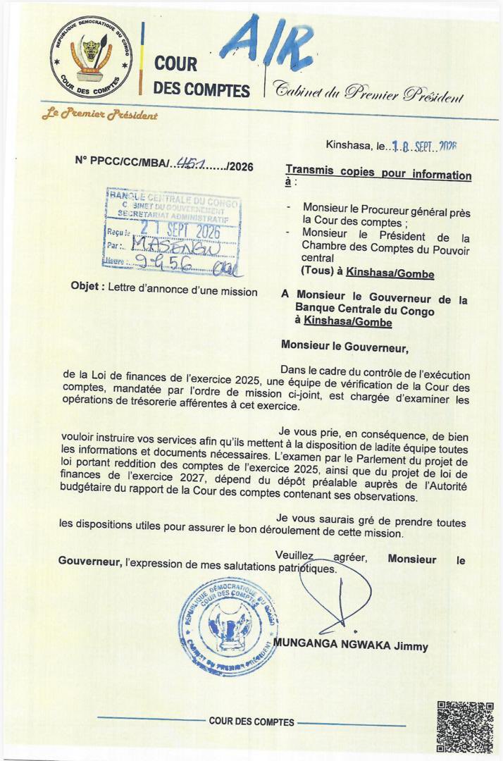 MAGLETEMPS's tweet photo. #RDC : la Banque centrale du Congo (BCC) sous vérification de la Cour des comptes. Une équipe mandatée va examiner les opérations de trésorerie liées à l’exercice 2025, dans le cadre du contrôle de l’exécution de la loi de finances. https://t.co/jIRiDwnO6f